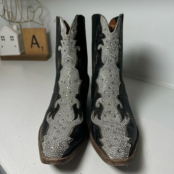 Dan Post Western Ankle Boots Women’s 9.5 Black Leather w/ Silver Inlay Cowboy - Picture 2 of 9